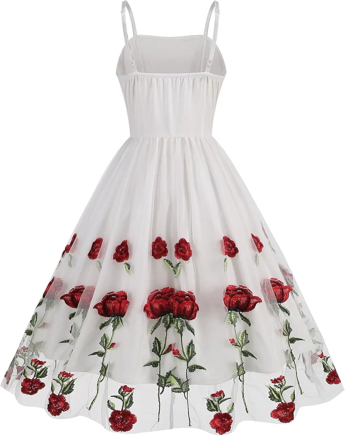 IDOPIP Women Sleeveless Straps Floral Embroidery Mesh Dress 1950s Vintage Cocktail Party Swing Dress Formal Retro Midi Dress