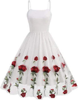 IDOPIP Women Sleeveless Straps Floral Embroidery Mesh Dress 1950s Vintage Cocktail Party Swing Dress Formal Retro Midi Dress