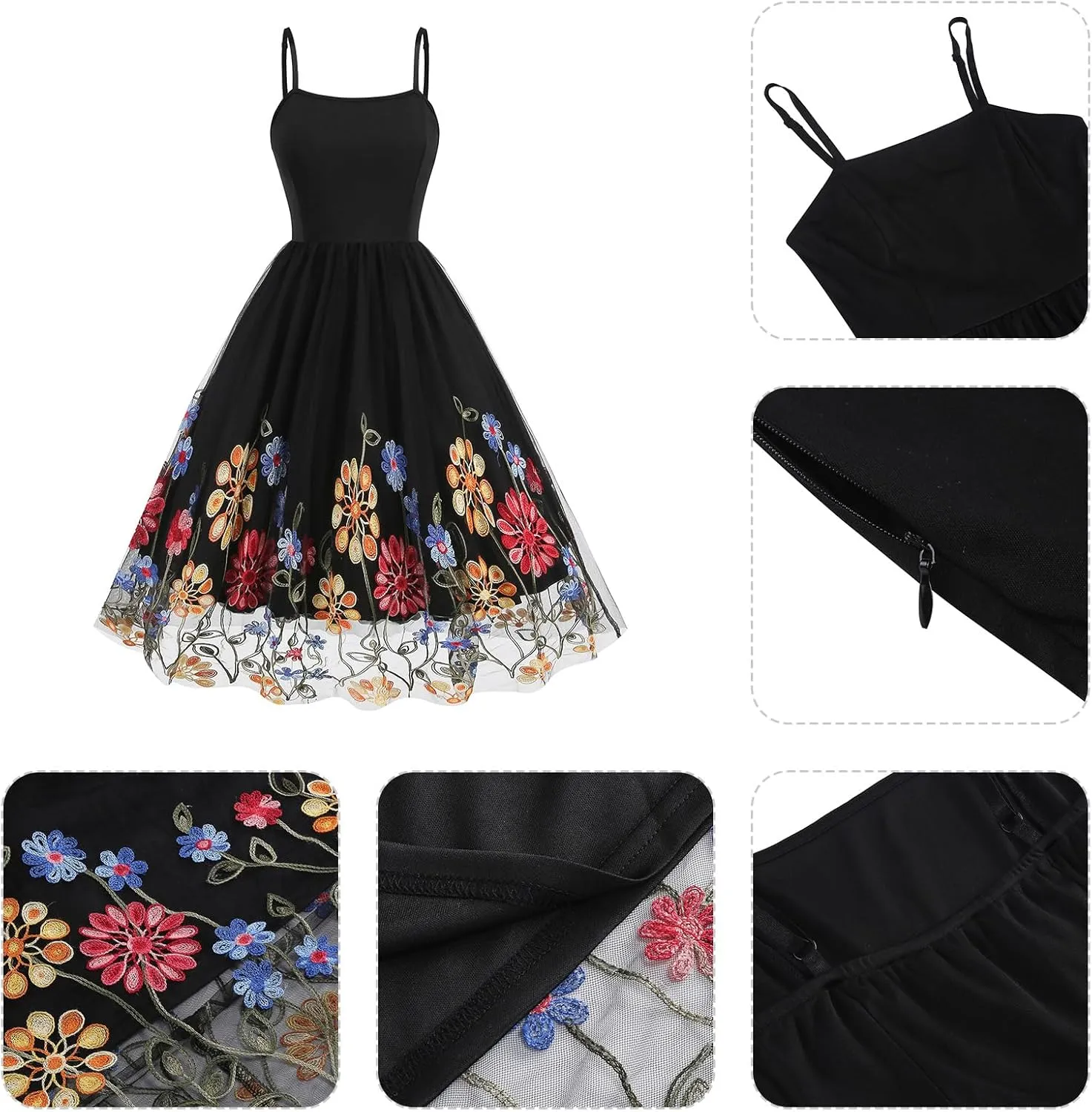 IDOPIP Women Sleeveless Straps Floral Embroidery Mesh Dress 1950s Vintage Cocktail Party Swing Dress Formal Retro Midi Dress