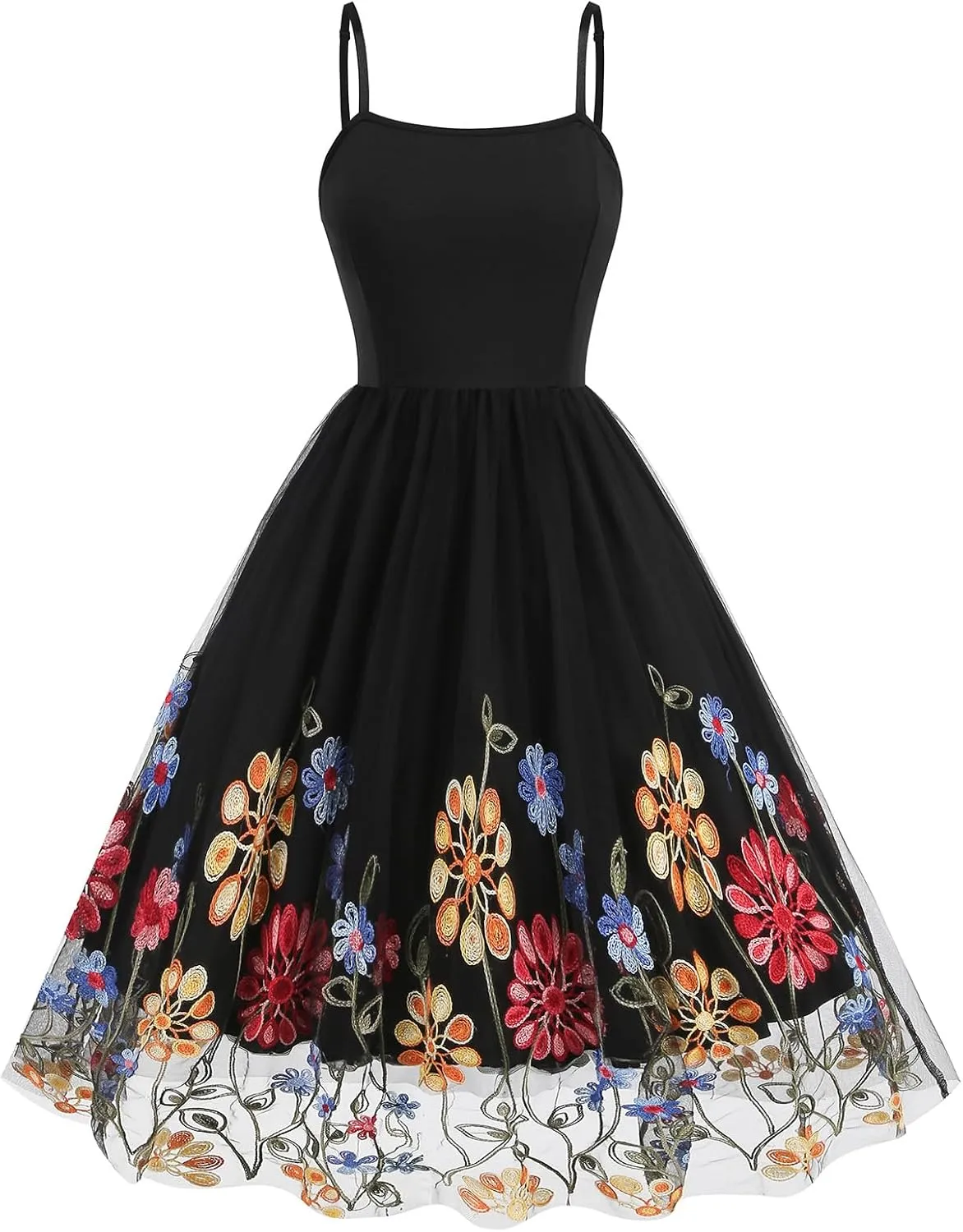 IDOPIP Women Sleeveless Straps Floral Embroidery Mesh Dress 1950s Vintage Cocktail Party Swing Dress Formal Retro Midi Dress