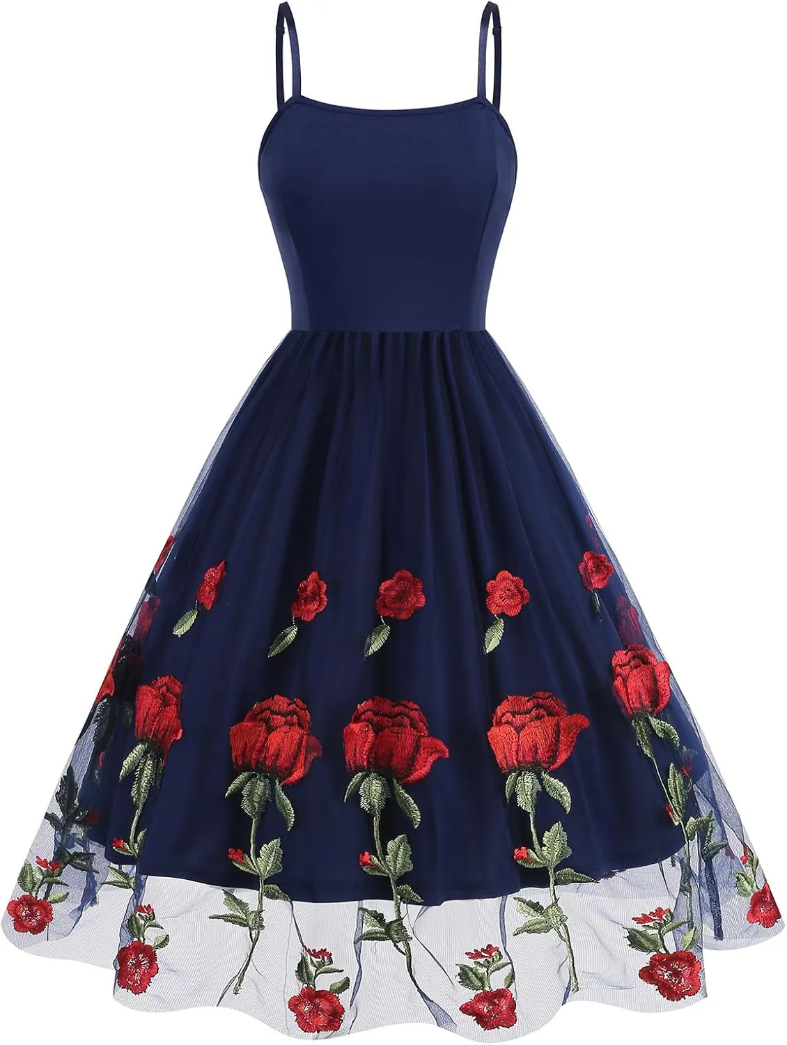 IDOPIP Women Sleeveless Straps Floral Embroidery Mesh Dress 1950s Vintage Cocktail Party Swing Dress Formal Retro Midi Dress