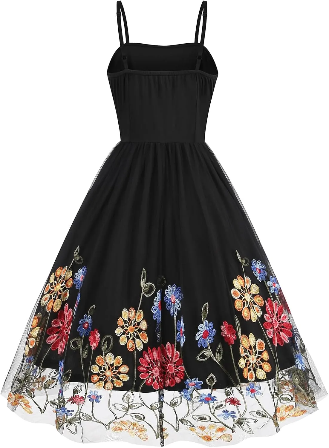 IDOPIP Women Sleeveless Straps Floral Embroidery Mesh Dress 1950s Vintage Cocktail Party Swing Dress Formal Retro Midi Dress