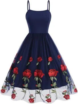IDOPIP Women Sleeveless Straps Floral Embroidery Mesh Dress 1950s Vintage Cocktail Party Swing Dress Formal Retro Midi Dress