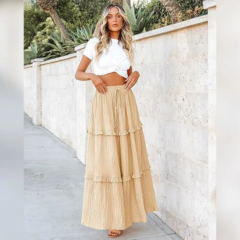 IWEMEK Women Summer Boho Flowy Swing Tiered A-Line Midi Skirt Ruffle Elastic High Waist Casual Holiday Beach Party Long Skirt