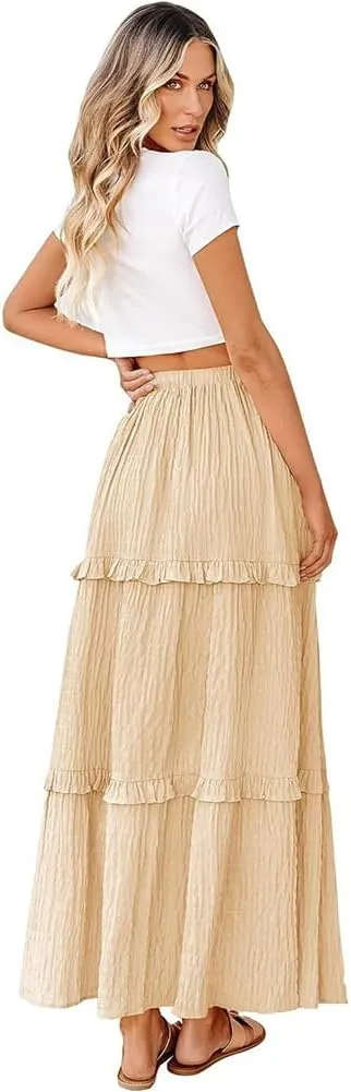 IWEMEK Women Summer Boho Flowy Swing Tiered A-Line Midi Skirt Ruffle Elastic High Waist Casual Holiday Beach Party Long Skirt
