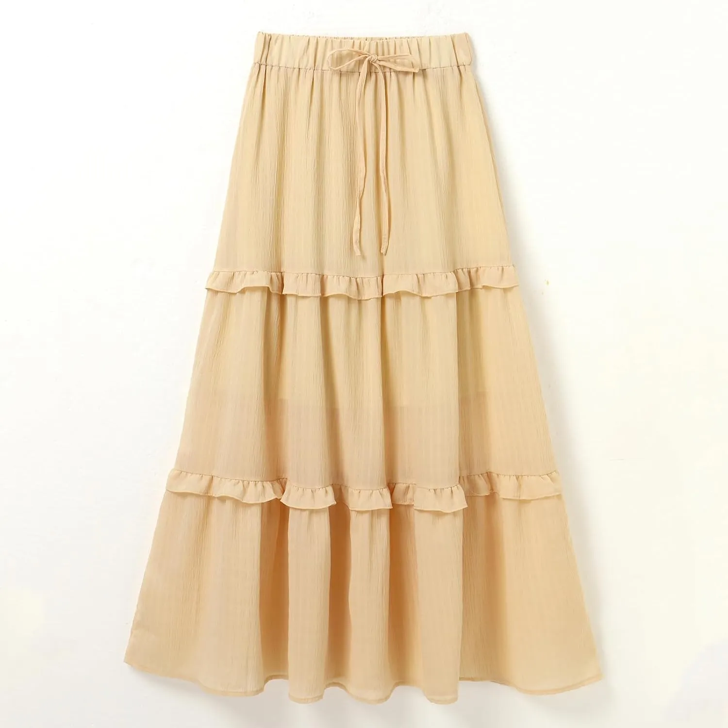 IWEMEK Women Summer Boho Flowy Swing Tiered A-Line Midi Skirt Ruffle Elastic High Waist Casual Holiday Beach Party Long Skirt