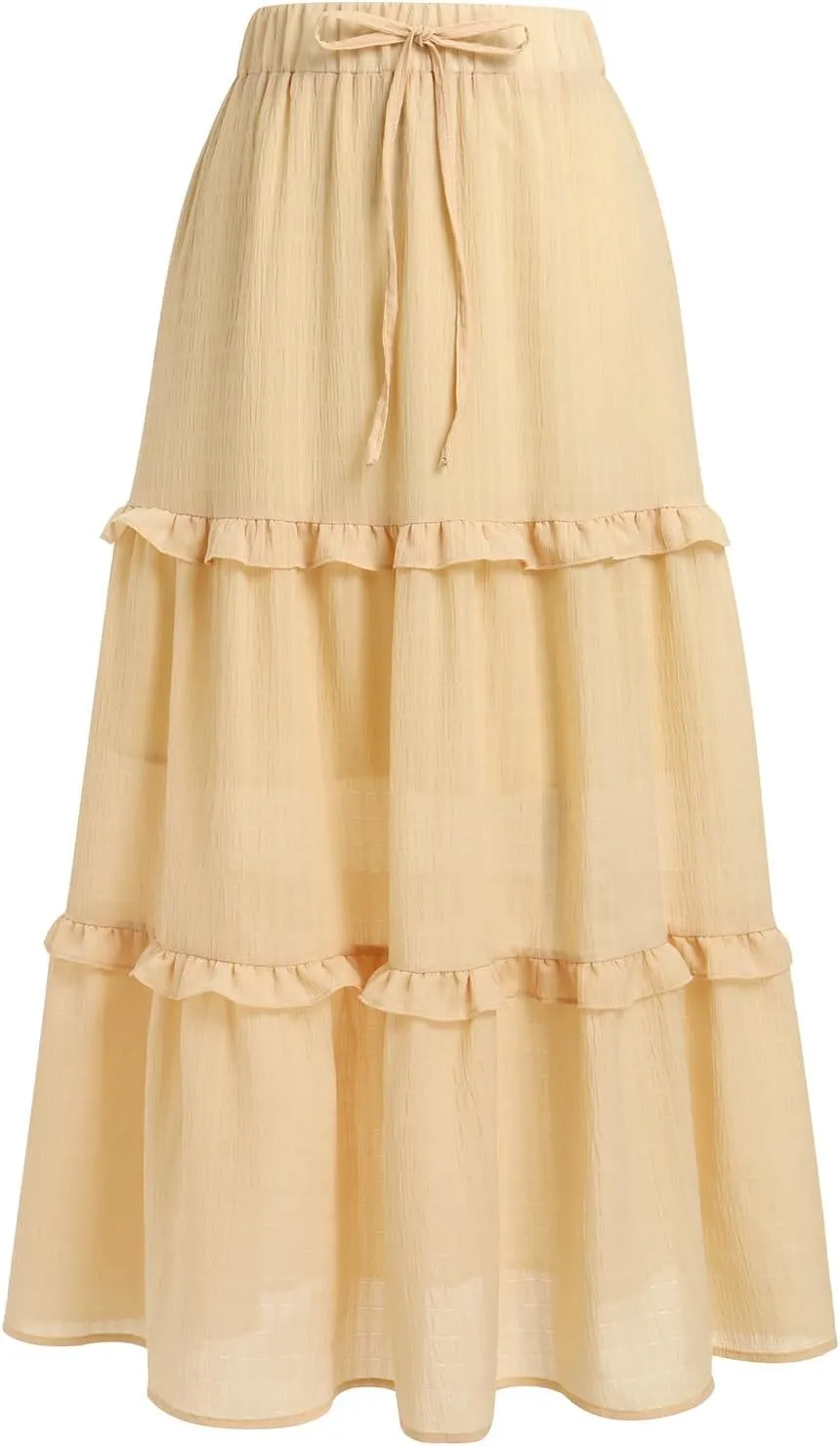 IWEMEK Women Summer Boho Flowy Swing Tiered A-Line Midi Skirt Ruffle Elastic High Waist Casual Holiday Beach Party Long Skirt