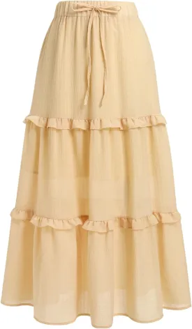 IWEMEK Women Summer Boho Flowy Swing Tiered A-Line Midi Skirt Ruffle Elastic High Waist Casual Holiday Beach Party Long Skirt