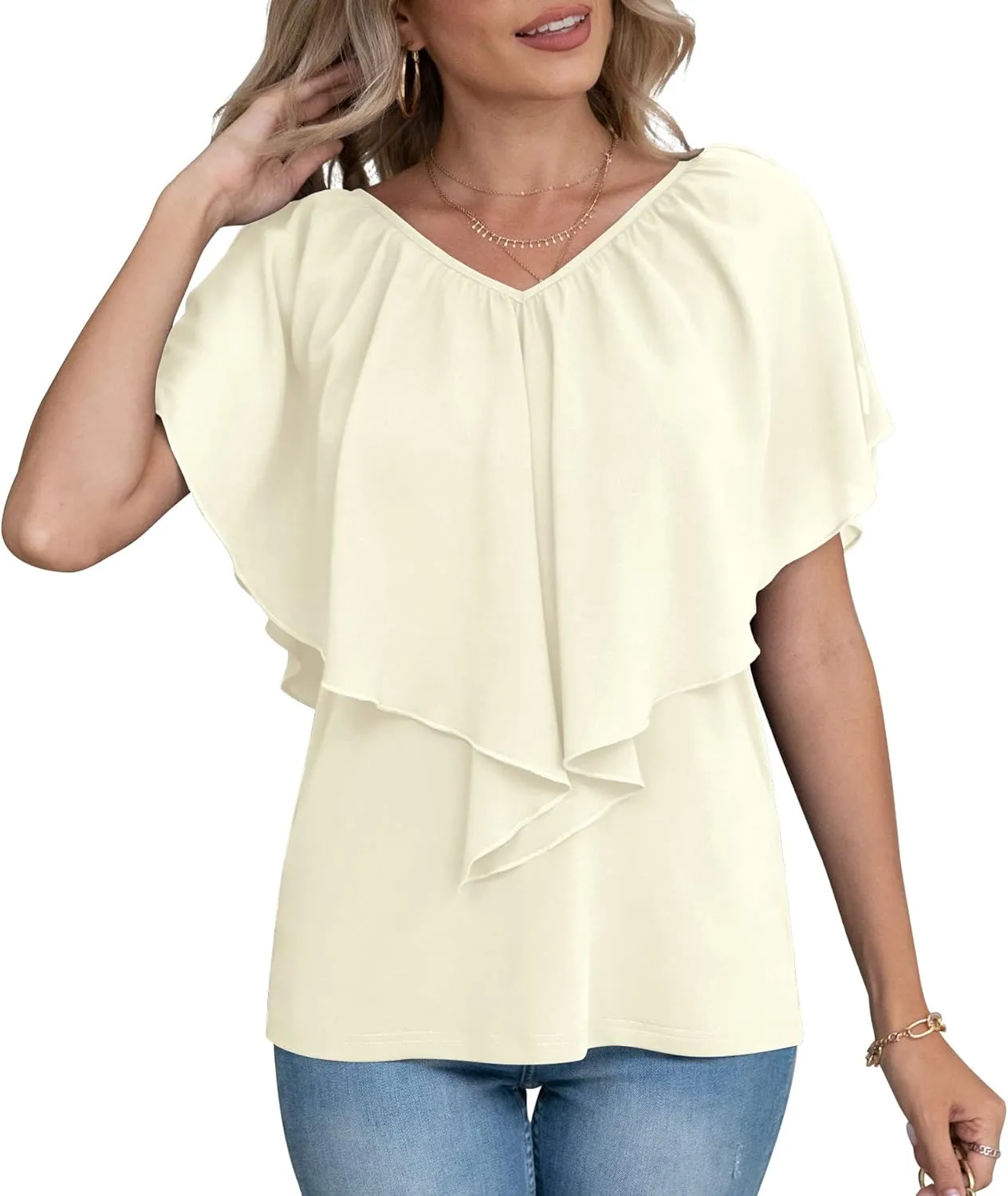 Jouica Woman's Summer Cold Shoulder Chiffon Tank Tops Sleeveless Ruffled Flowy Blouse for Women