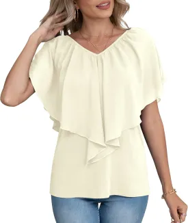 Jouica Woman's Summer Cold Shoulder Chiffon Tank Tops Sleeveless Ruffled Flowy Blouse for Women