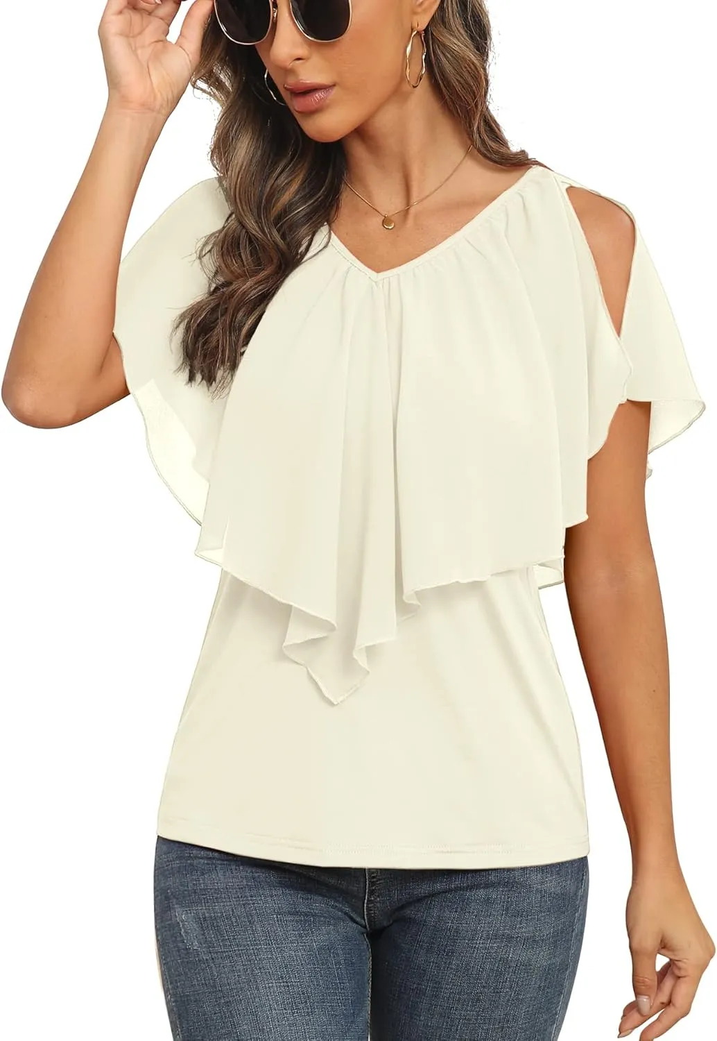 Jouica Woman's Summer Cold Shoulder Chiffon Tank Tops Sleeveless Ruffled Flowy Blouse for Women