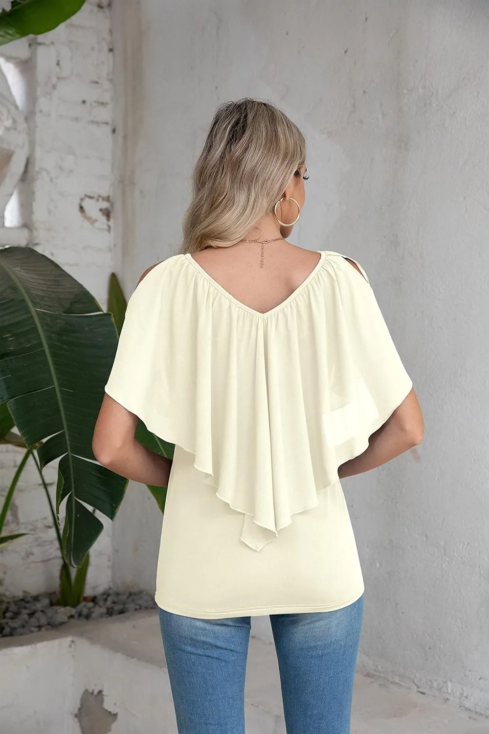 Jouica Woman's Summer Cold Shoulder Chiffon Tank Tops Sleeveless Ruffled Flowy Blouse for Women