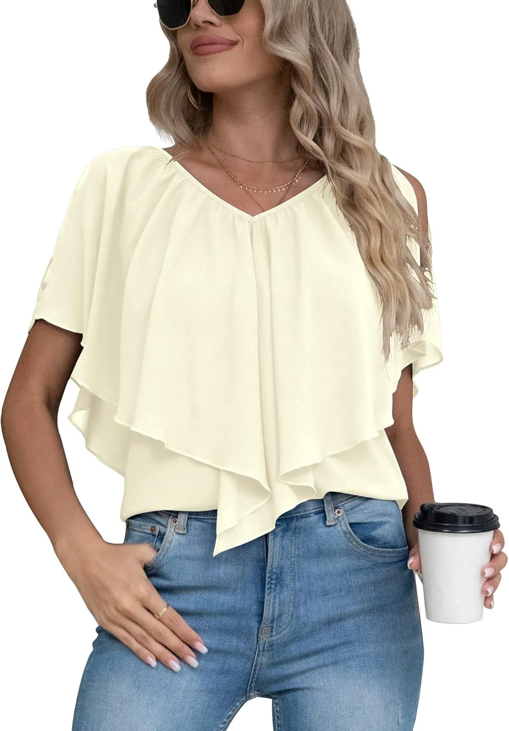Jouica Woman's Summer Cold Shoulder Chiffon Tank Tops Sleeveless Ruffled Flowy Blouse for Women