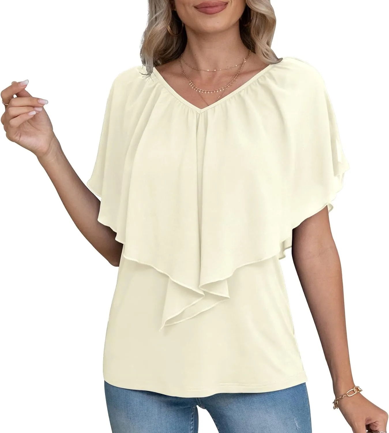 Jouica Woman's Summer Cold Shoulder Chiffon Tank Tops Sleeveless Ruffled Flowy Blouse for Women