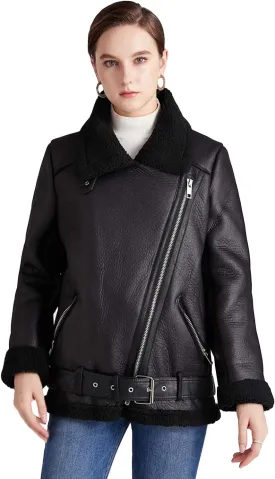 LY VAREY LIN Women's Faux Shearing Moto Jacket Thick Lined Parka Winter Shearling Coat Leather Jacket