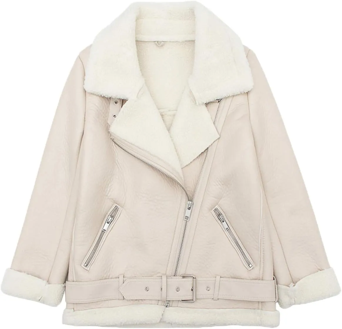 LY VAREY LIN Women's Faux Shearing Moto Jacket Thick Lined Parka Winter Shearling Coat Leather Jacket