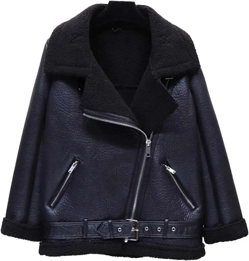 LY VAREY LIN Women's Faux Shearing Moto Jacket Thick Lined Parka Winter Shearling Coat Leather Jacket
