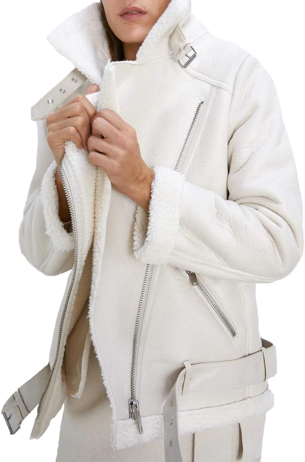 LY VAREY LIN Women's Faux Shearing Moto Jacket Thick Lined Parka Winter Shearling Coat Leather Jacket