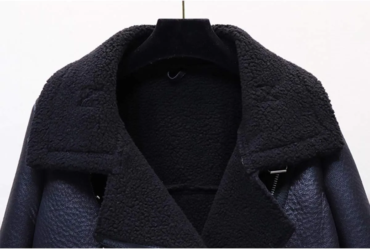 LY VAREY LIN Women's Faux Shearing Moto Jacket Thick Lined Parka Winter Shearling Coat Leather Jacket