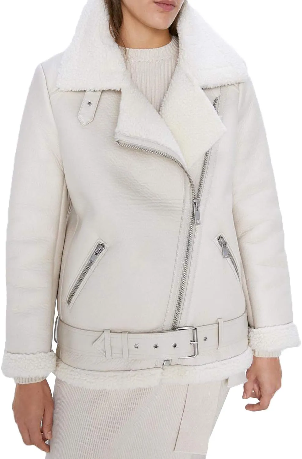 LY VAREY LIN Women's Faux Shearing Moto Jacket Thick Lined Parka Winter Shearling Coat Leather Jacket