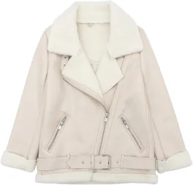 LY VAREY LIN Women's Faux Shearing Moto Jacket Thick Lined Parka Winter Shearling Coat Leather Jacket