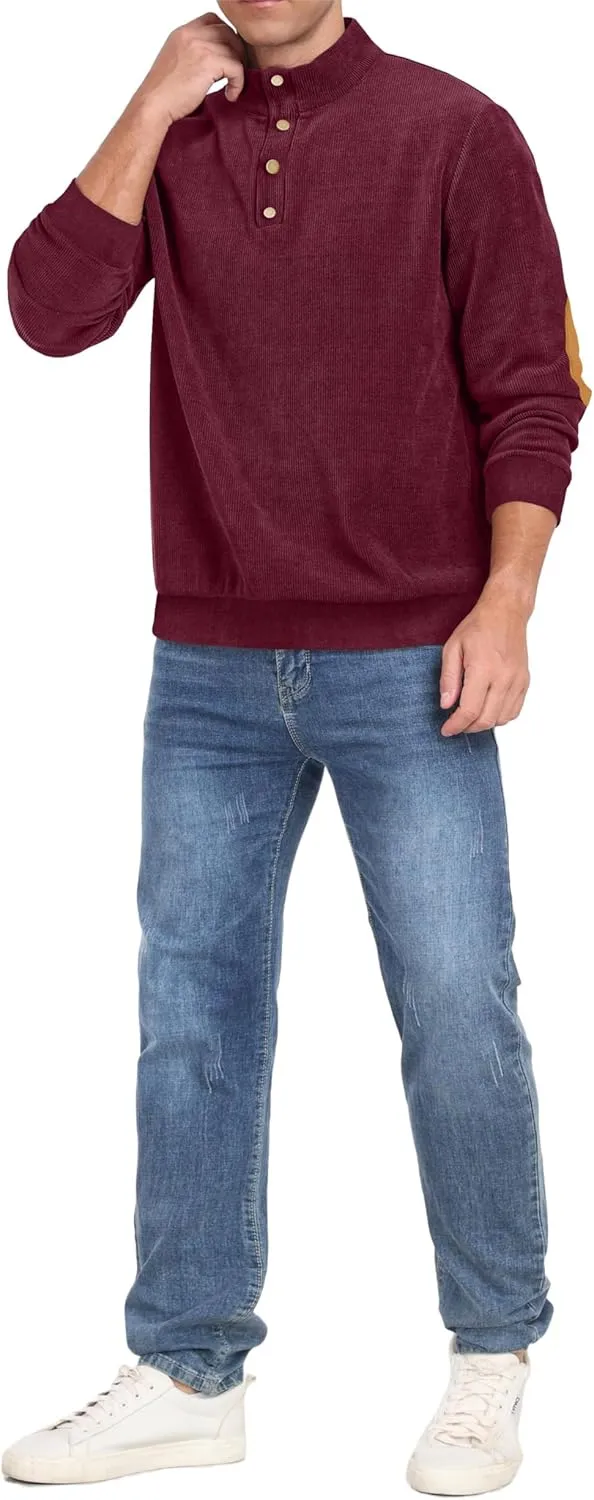Mens Casual Corduroy Sweatshirt Long Sleeve Stand Collar 1/4 Button Up Pullover Fall Polo Sweaters