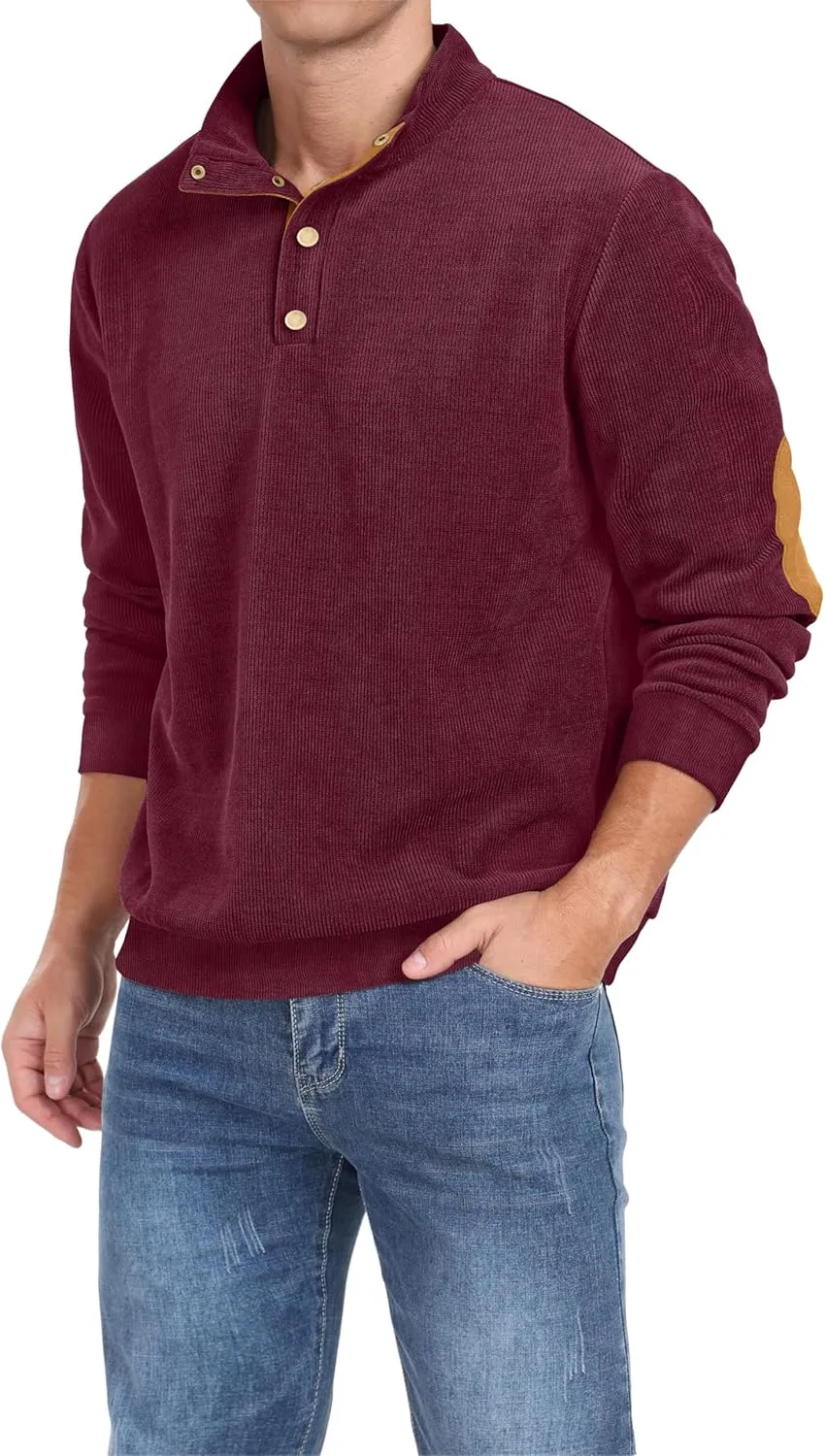 Mens Casual Corduroy Sweatshirt Long Sleeve Stand Collar 1/4 Button Up Pullover Fall Polo Sweaters