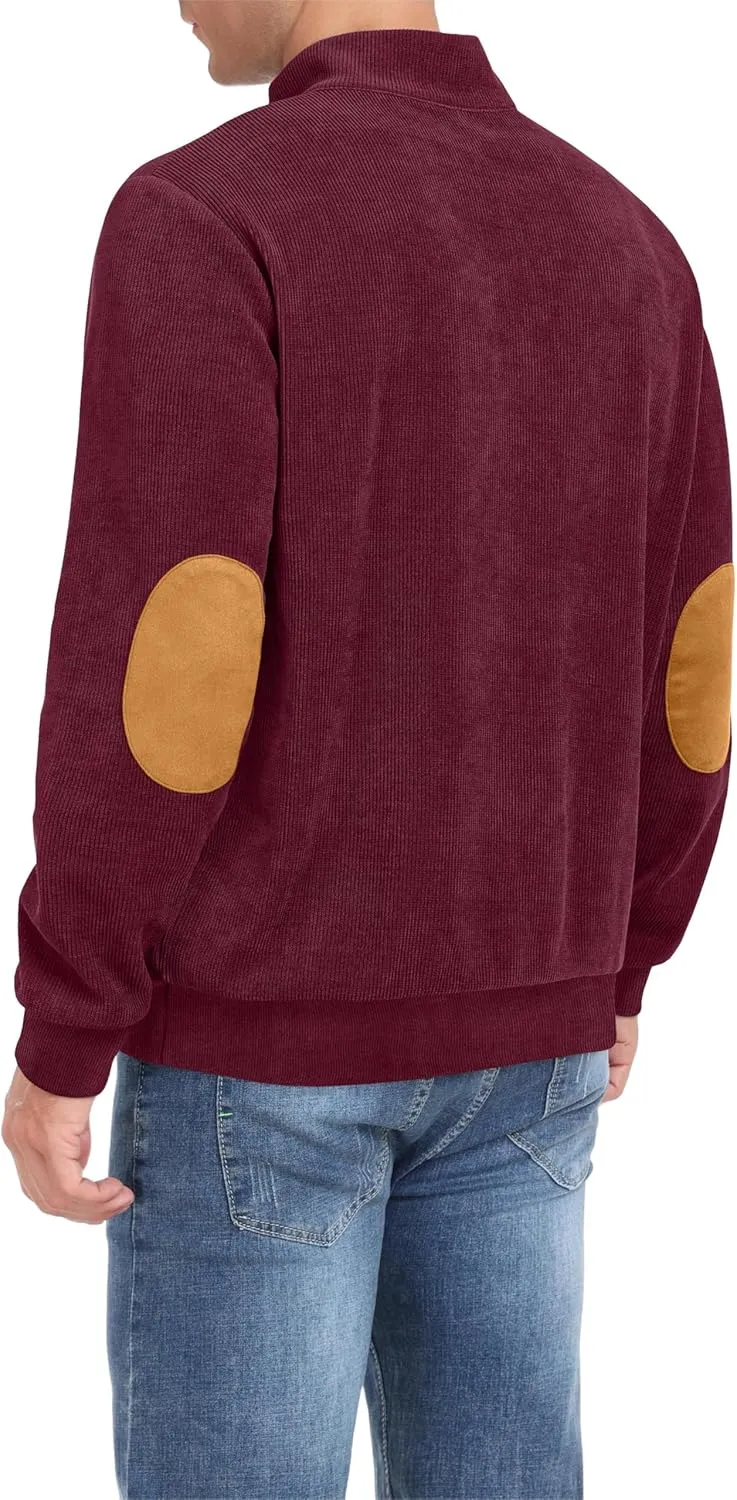 Mens Casual Corduroy Sweatshirt Long Sleeve Stand Collar 1/4 Button Up Pullover Fall Polo Sweaters