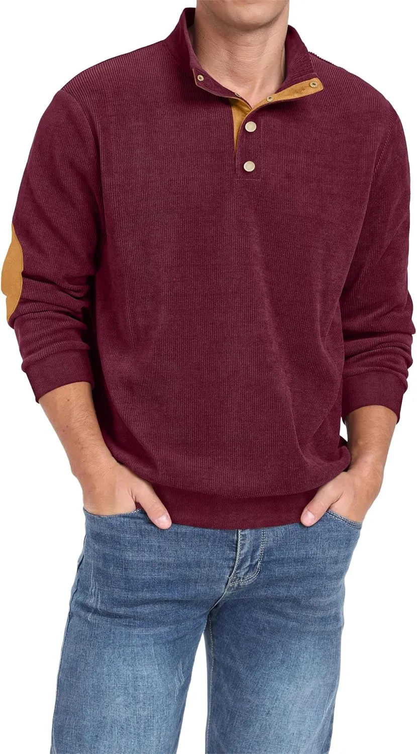 Mens Casual Corduroy Sweatshirt Long Sleeve Stand Collar 1/4 Button Up Pullover Fall Polo Sweaters