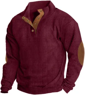 Mens Casual Corduroy Sweatshirt Long Sleeve Stand Collar 1/4 Button Up Pullover Fall Polo Sweaters