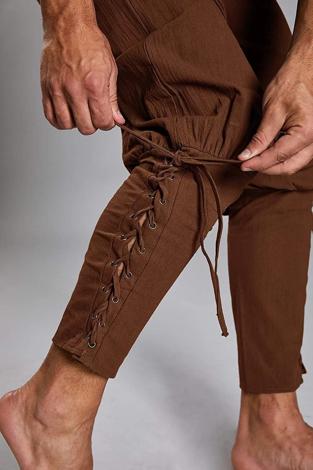 Mens Medieval Ankle Pants Viking Pirate Renaissance Costume Lace Up Tapered Banded Navigator Casual Trousers