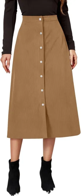 Midi Skirts for Women Trendy Corduroy Skirt Button Down High Waisted Skirts Business Casual A Line Skirt