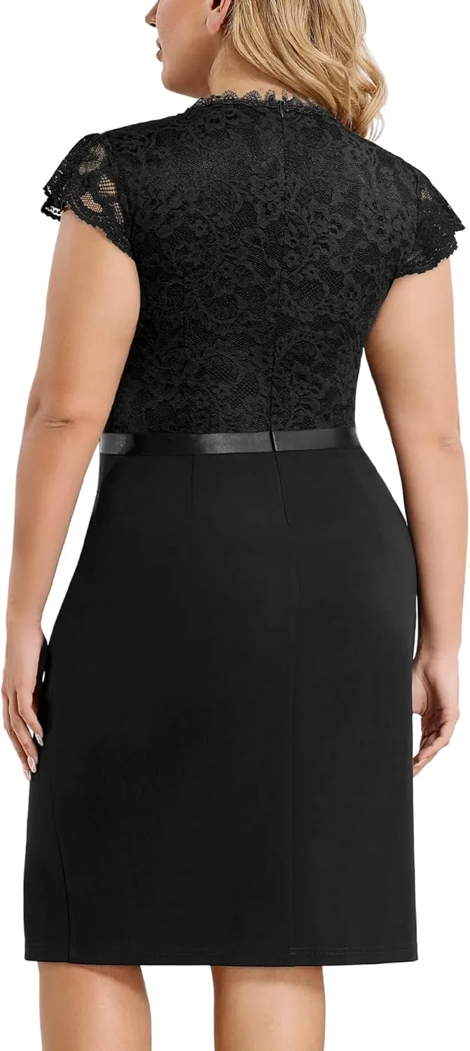 Miusol Women's Plus Size Floral Lace Contrast Ruffles Split Evening Cocktail Dress