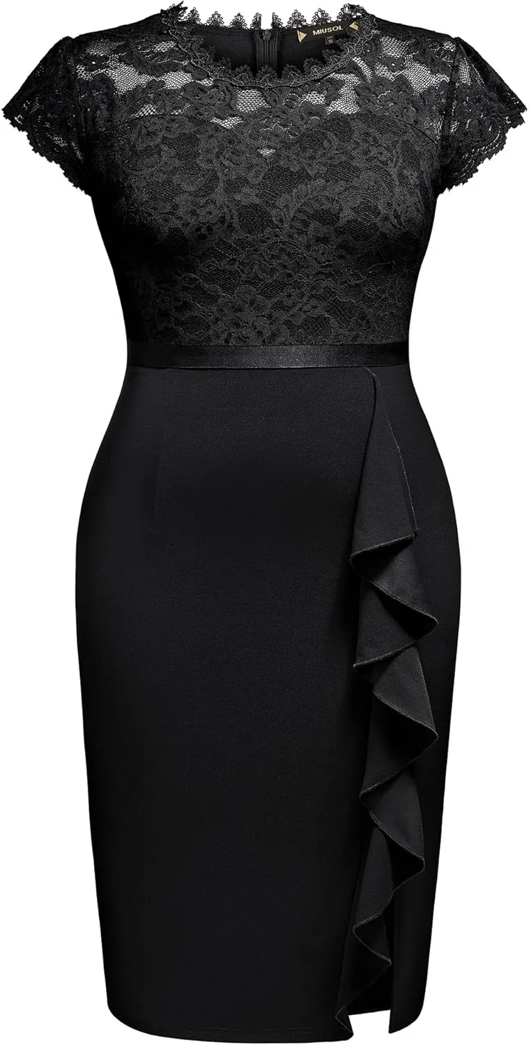 Miusol Women's Plus Size Floral Lace Contrast Ruffles Split Evening Cocktail Dress