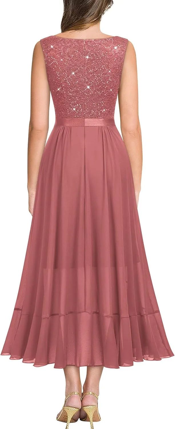Miusol Women's Vintage V-Neck Sleeveless Sequined Floral Lace Ruffle Split Evening Party Dress