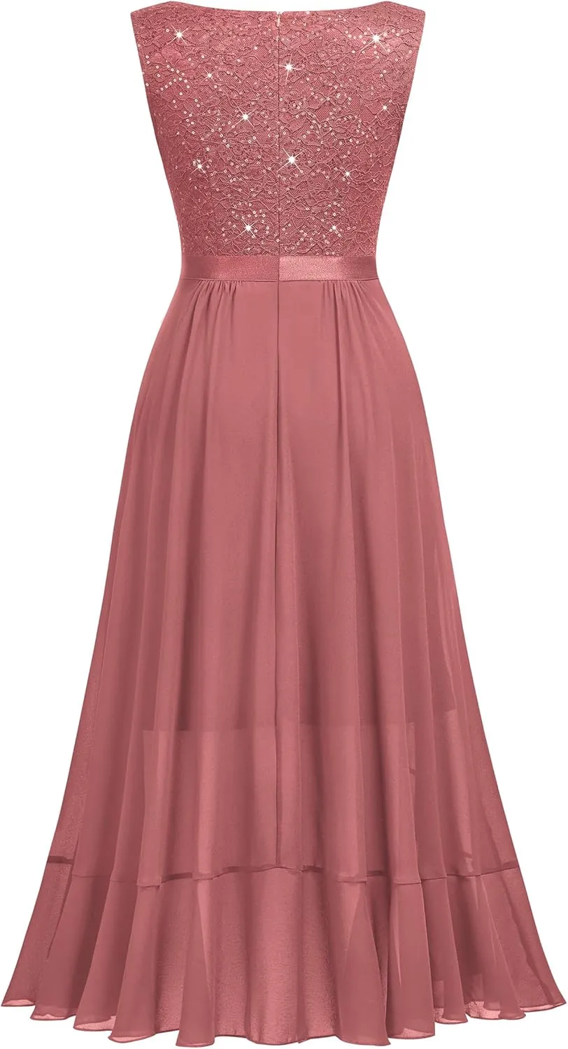 Miusol Women's Vintage V-Neck Sleeveless Sequined Floral Lace Ruffle Split Evening Party Dress