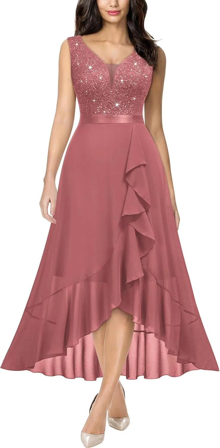 Miusol Women's Vintage V-Neck Sleeveless Sequined Floral Lace Ruffle Split Evening Party Dress