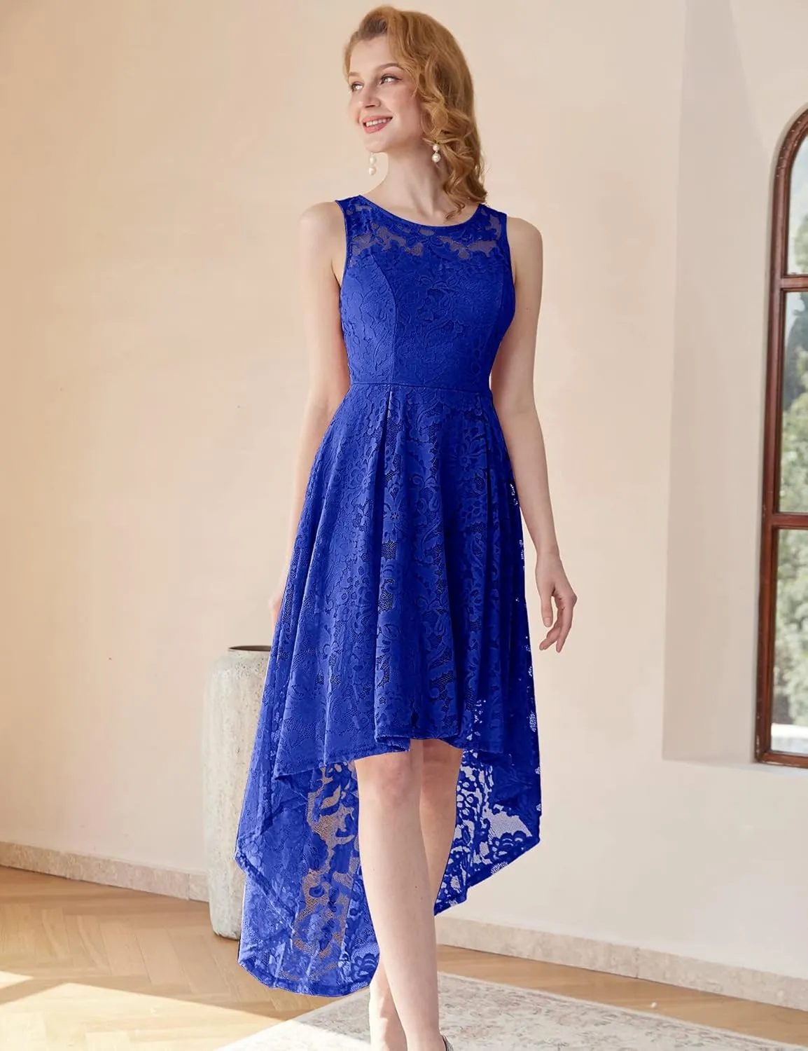 MUADRESS Women's Elegant Floral Lace Dress Sleeveless Crew Neck Hi-Lo Cocktail Dress for Evening Party