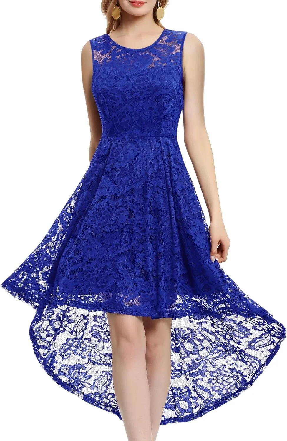 MUADRESS Women's Elegant Floral Lace Dress Sleeveless Crew Neck Hi-Lo Cocktail Dress for Evening Party