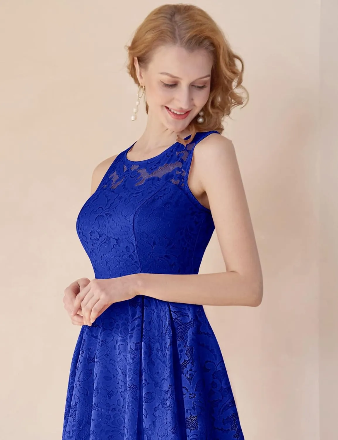 MUADRESS Women's Elegant Floral Lace Dress Sleeveless Crew Neck Hi-Lo Cocktail Dress for Evening Party