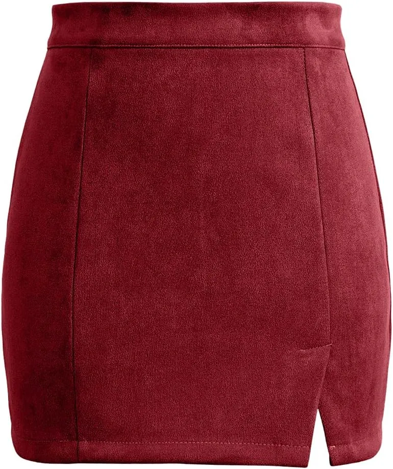 Mulisky Skirts for Women, Faux Suede High Waist Side Split Zipper Mini Skirts