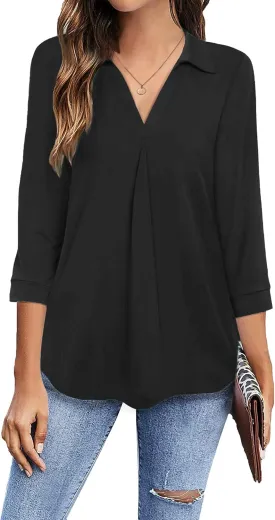 Newchoice Womens Collared V Neck 3/4 Sleeve Shirts Business Casual Tops Loose Work Blouses (S-3XL)