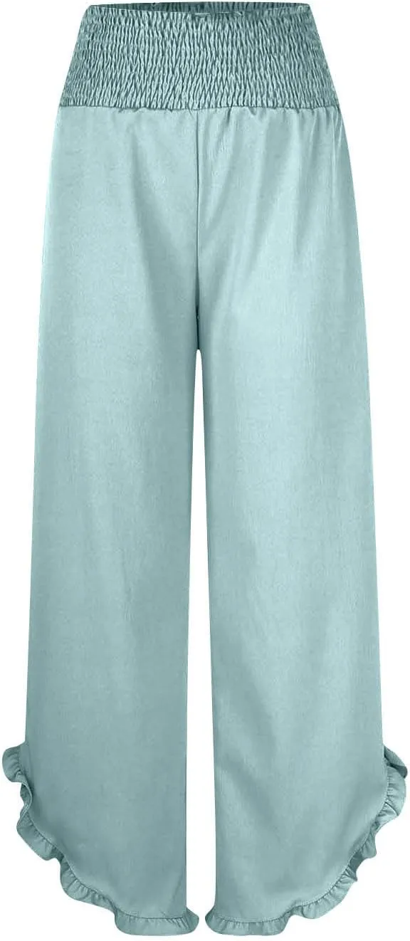 Palazzo Pants for Women Summer Linen Smocked Waist Wide Leg Pant Boho Flowy Ruffle Hem Casual Beach Vacation Trousers