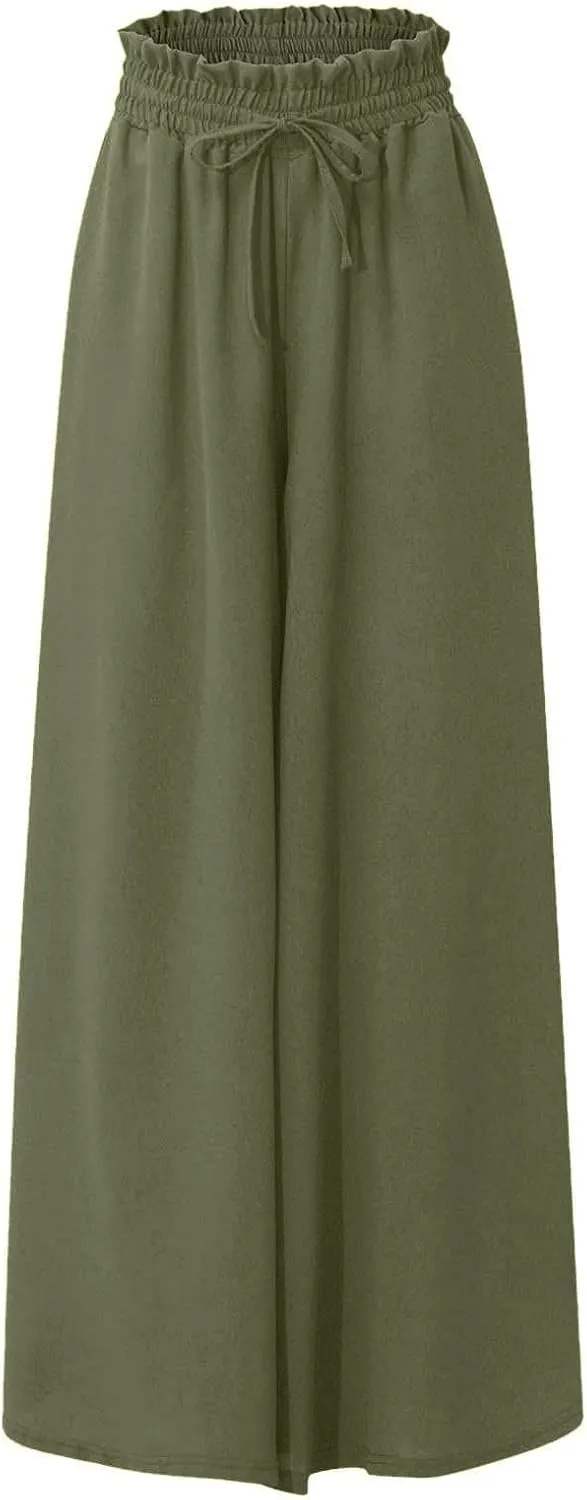 Palazzo Pants for Women Wide Leg Casual Solid Solid Drawstring Pant Summer Beach Vacation Elastic High Waist Trouser