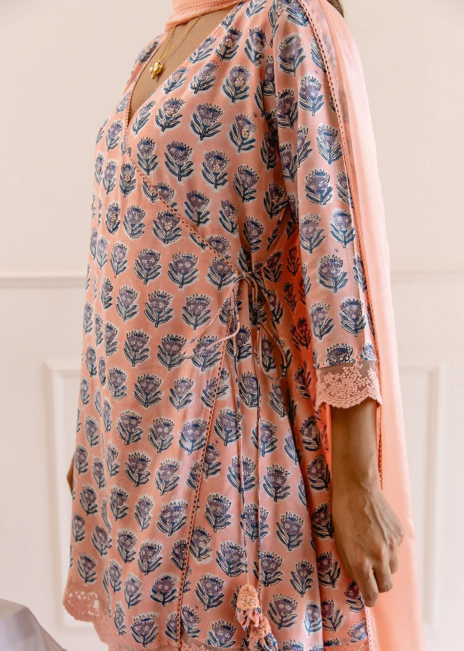 Peach Muslin Silk Angrakha Anarkali Set