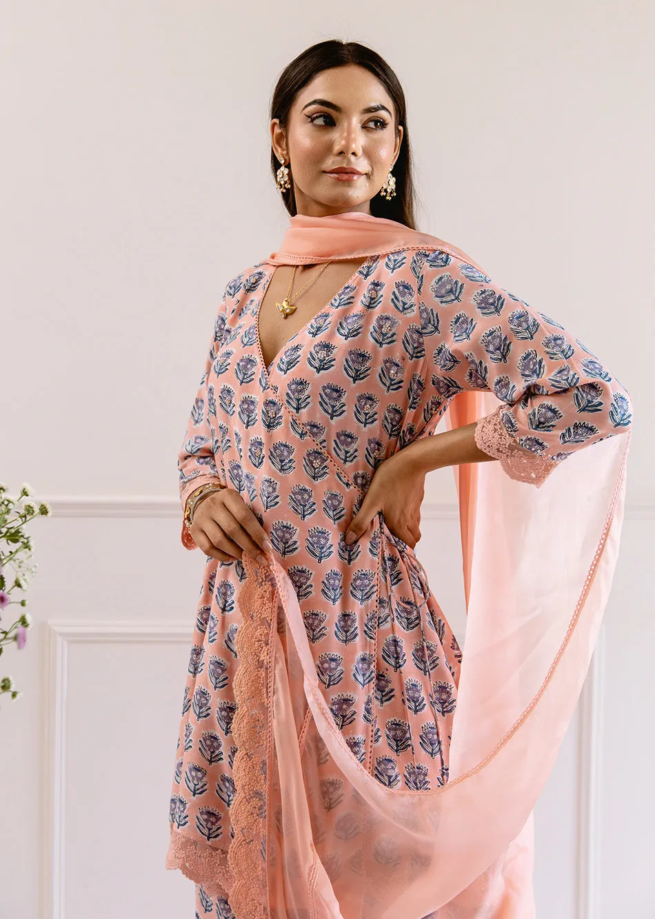 Peach Muslin Silk Angrakha Anarkali Set