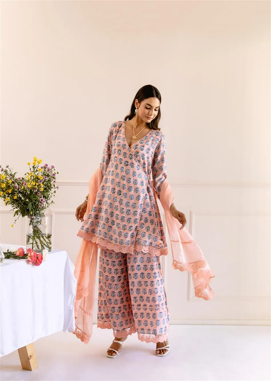 Peach Muslin Silk Angrakha Anarkali Set