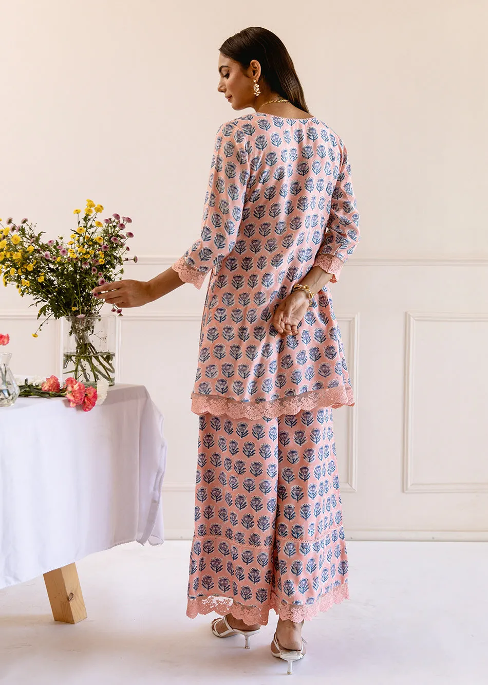 Peach Muslin Silk Angrakha Anarkali Set