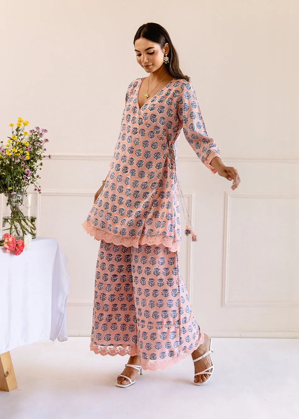 Peach Muslin Silk Angrakha Anarkali Set