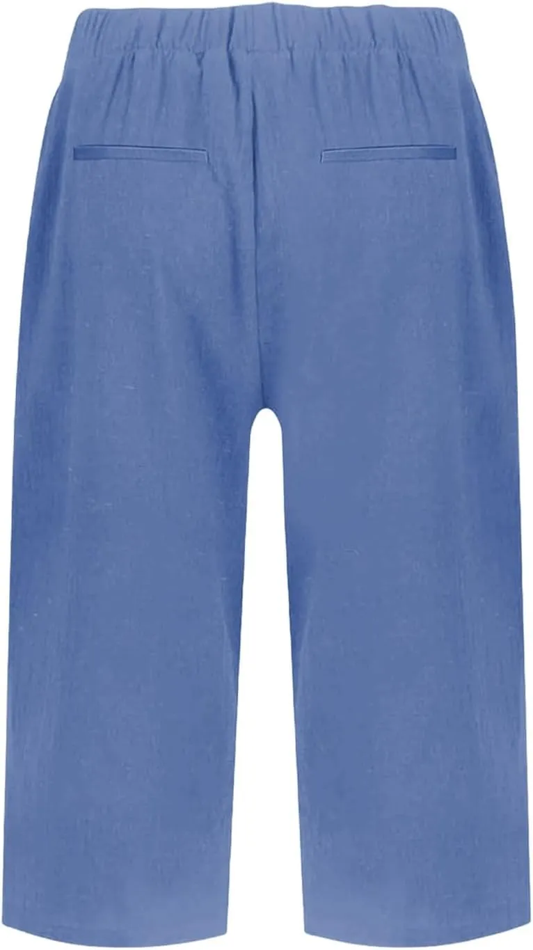 Pedal Pushers for Women Lightweight Linen Capri Pants Casual Elastic Waist Bermuda Shorts Summer Beach Pant
